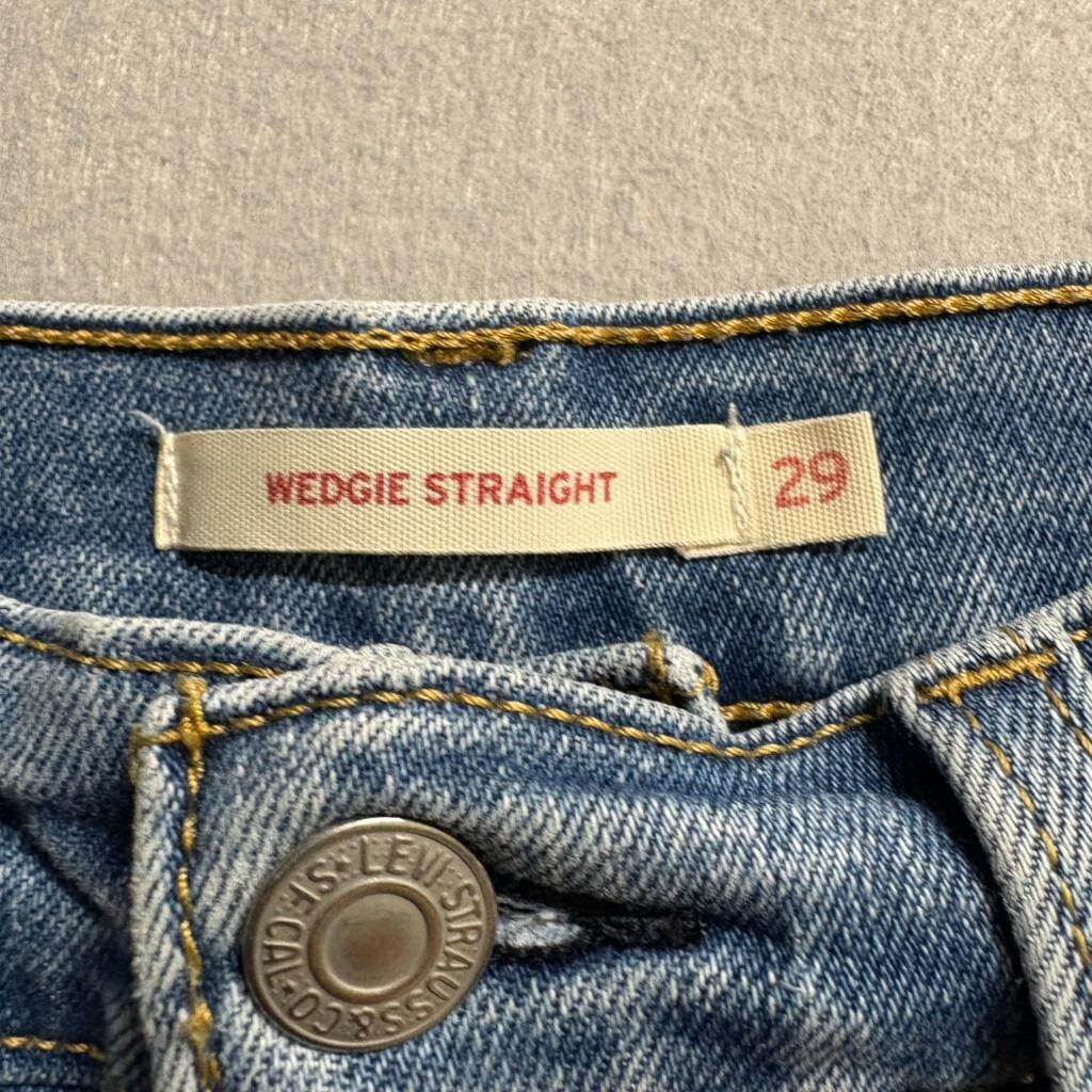 Levis Wedgie Straight Jeans Womens 29 Blue Distressed Raw Hem High Rise Denim