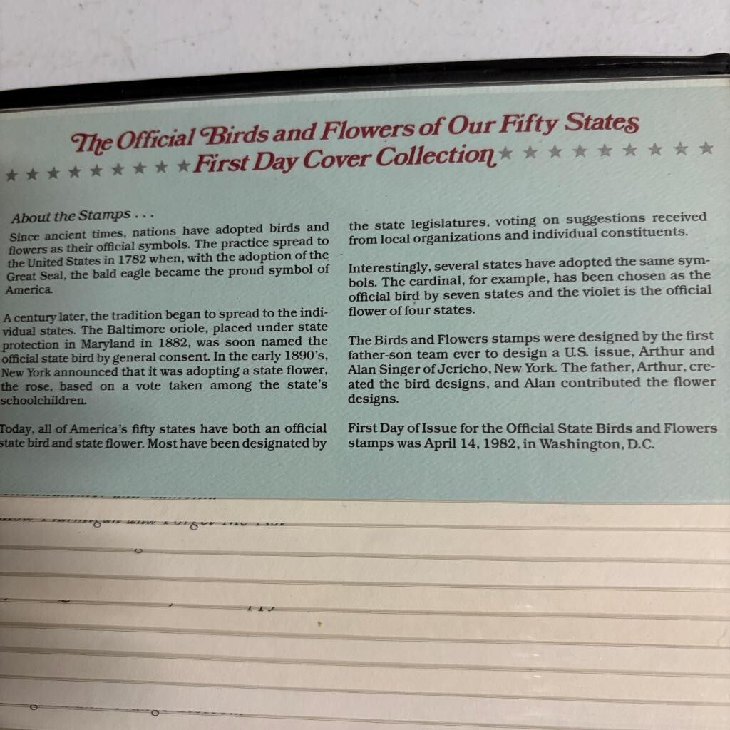 1982 State Birds and Flowers First Day Cover Collection Album Postal