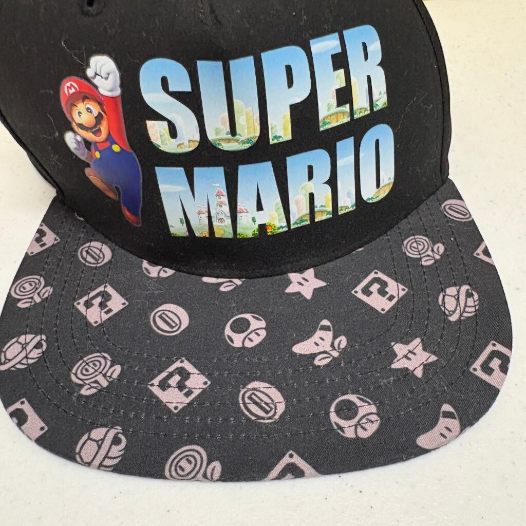 Super Mario Nintendo Snapback Hat Youth OSFM Black Flat Brim Cap 2023