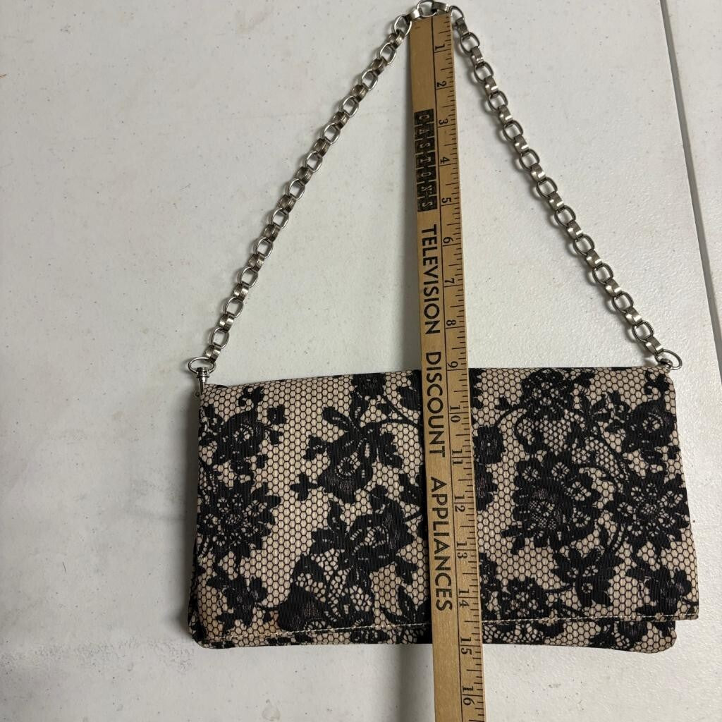 Unbranded Black Lace Print Evening Clutch Bag Silver Chain Strap Kiss Lock