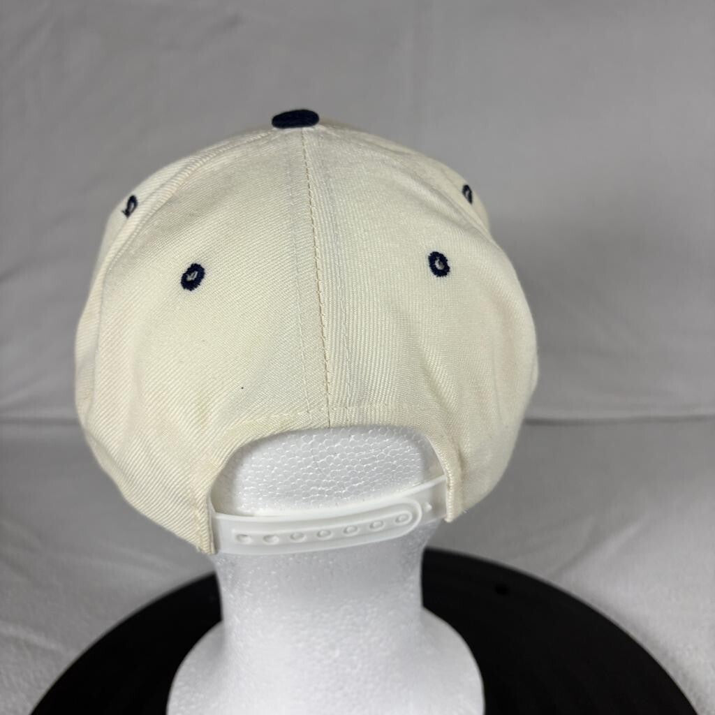 Vintage Nike Spellout Snapback Hat Cream Navy Blue Ace Tag Made in Korea Cap