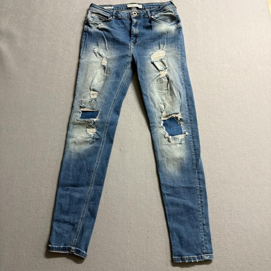 Bershka Distressed Super Skinny Jeans Womens Size 10 Blue Denim Ripped