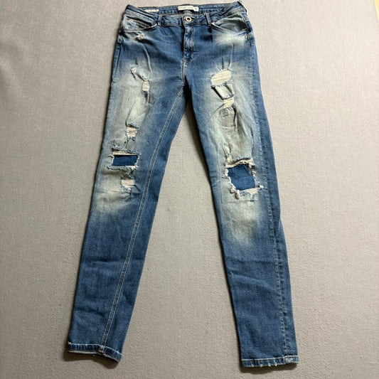 Bershka Distressed Super Skinny Jeans Womens Size 10 Blue Denim Ripped