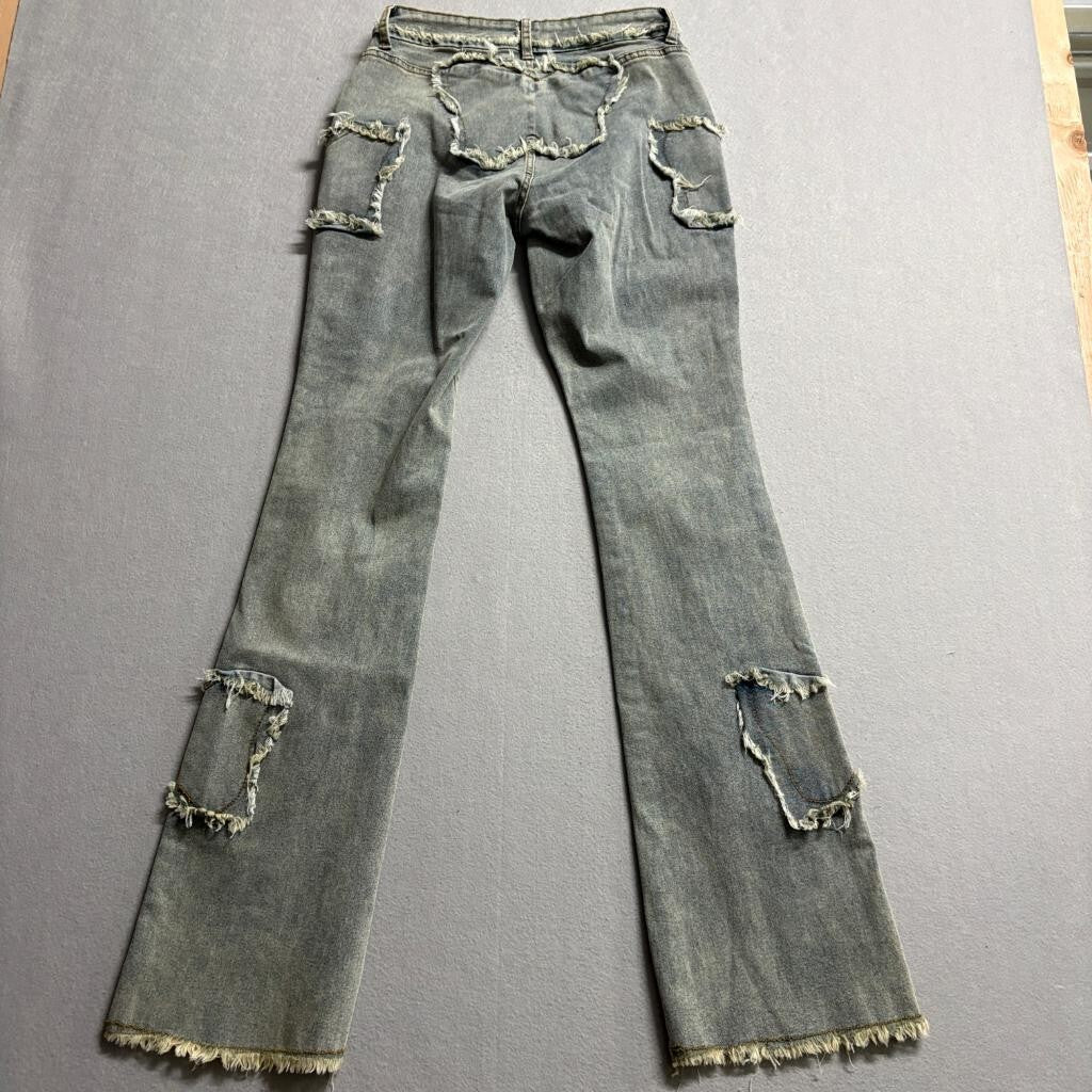 Shein Tall S Womens Blue Distressed Raw Hem Heart Star Patch Flare Jeans
