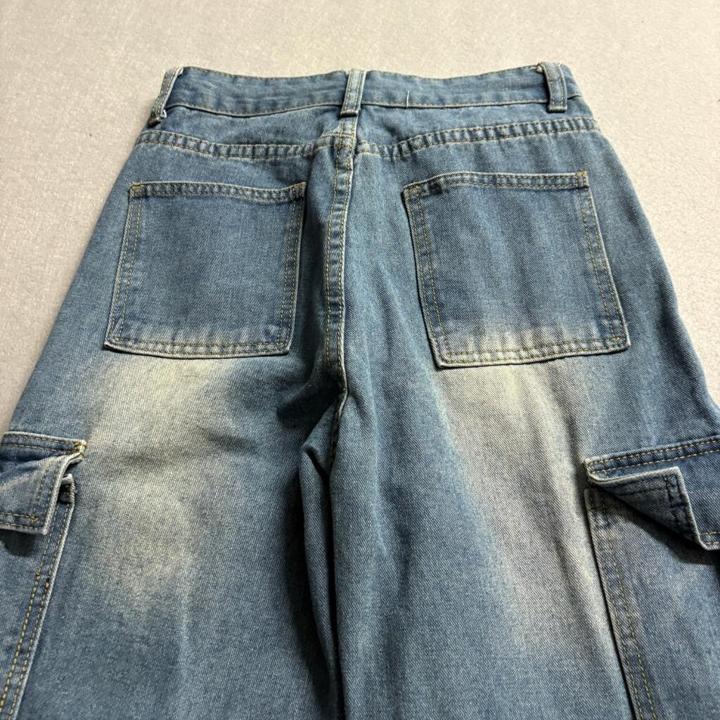 Unbranded Womens Blue Denim Cargo Jeans Size S Wide Leg High Rise Drawstring