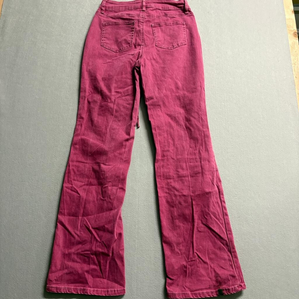 Fashion Nova Lace Up Flare Jeans Womens Size 9 Burgundy Pink Stretch Denim