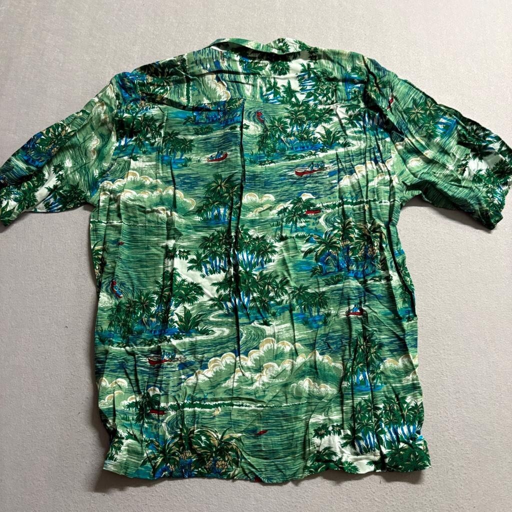Sunset Highway Hawaiian Shirt Mens XL Green Rayon Tropical Palm Tree Boat Nepal