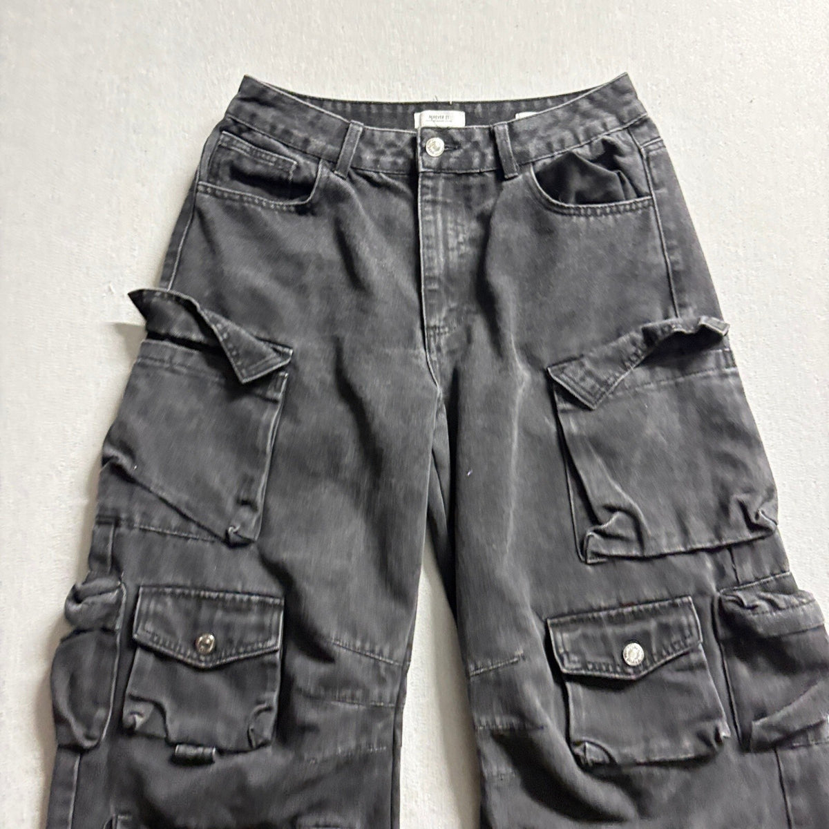 Forever 21 Premium Womens Size 28 Black Cargo Wide Leg Multi Pocket Jeans Pants