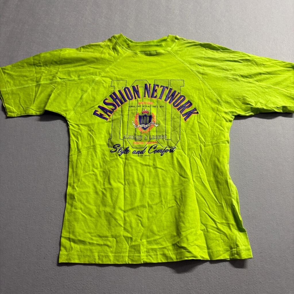 Vintage IOU T-Shirt Mens Large Neon Lime Green 1991 Fashion Network Raglan Tee