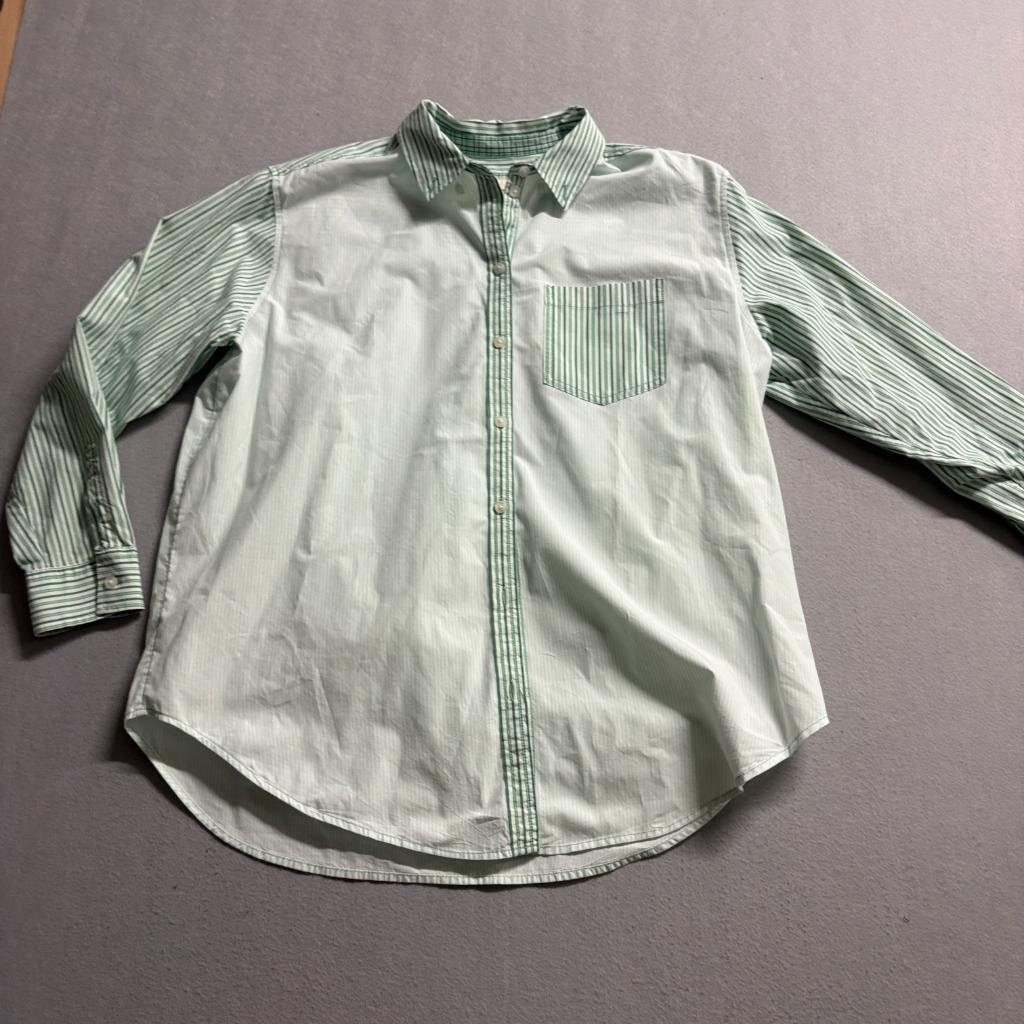 American Eagle Button Up Shirt Womens XS Green White Striped Cotton Long Sleeve