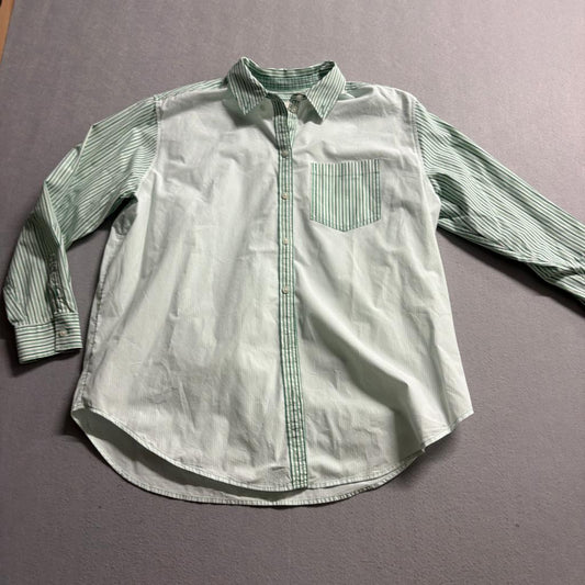American Eagle Button Up Shirt Womens XS Green White Striped Cotton Long Sleeve