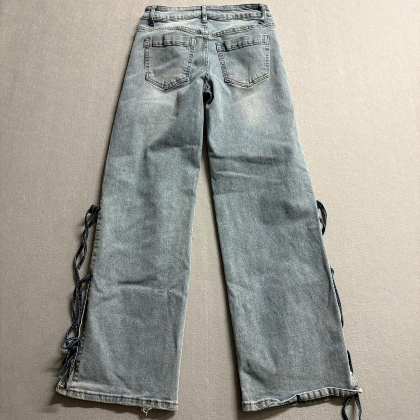 Love Soho Lace Up Side Jeans Womens Size 3 Light Wash Wide Leg Denim Stretch