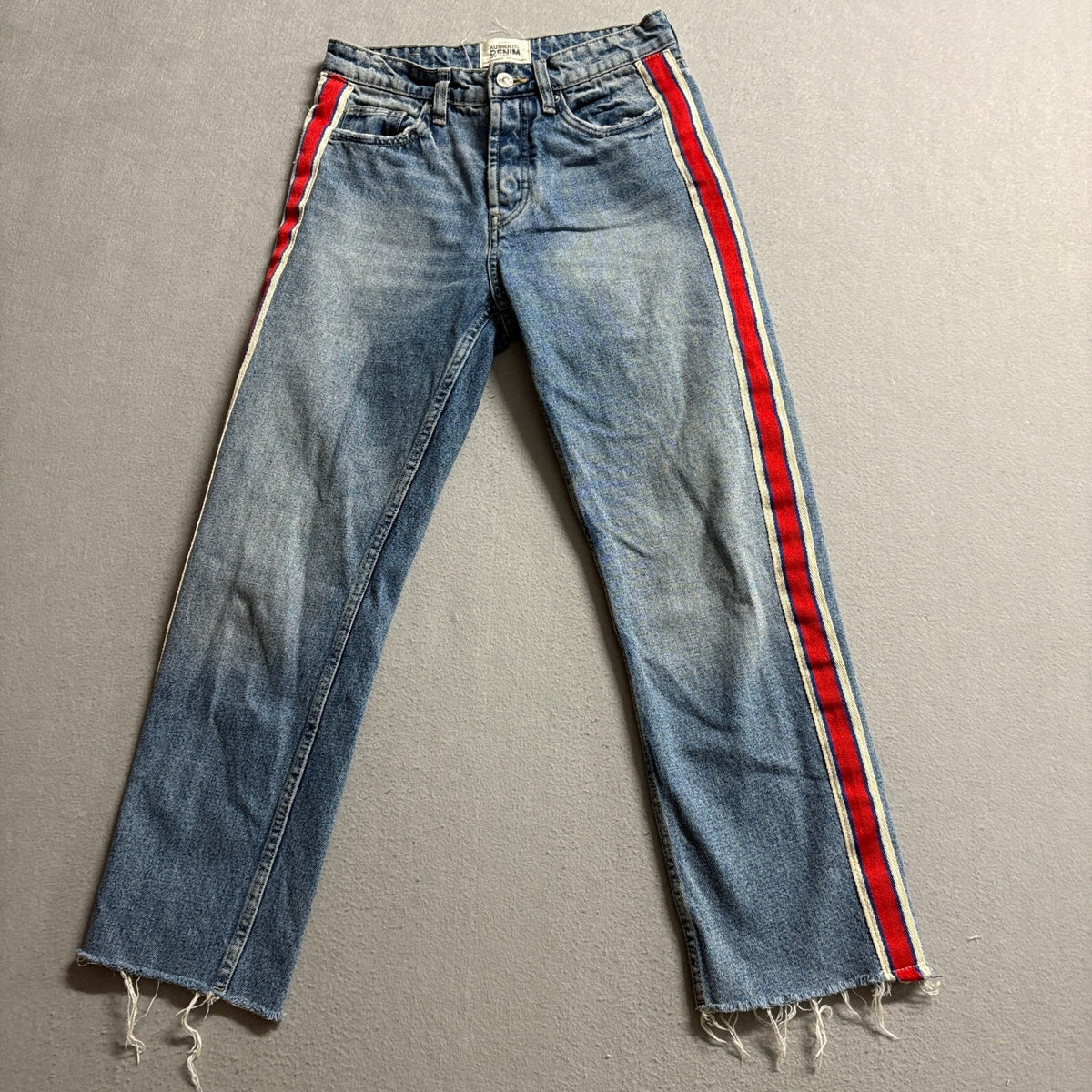 Zara TRF Side Stripe Jeans Womens Size 24 Blue Denim Raw Hem Straight Leg