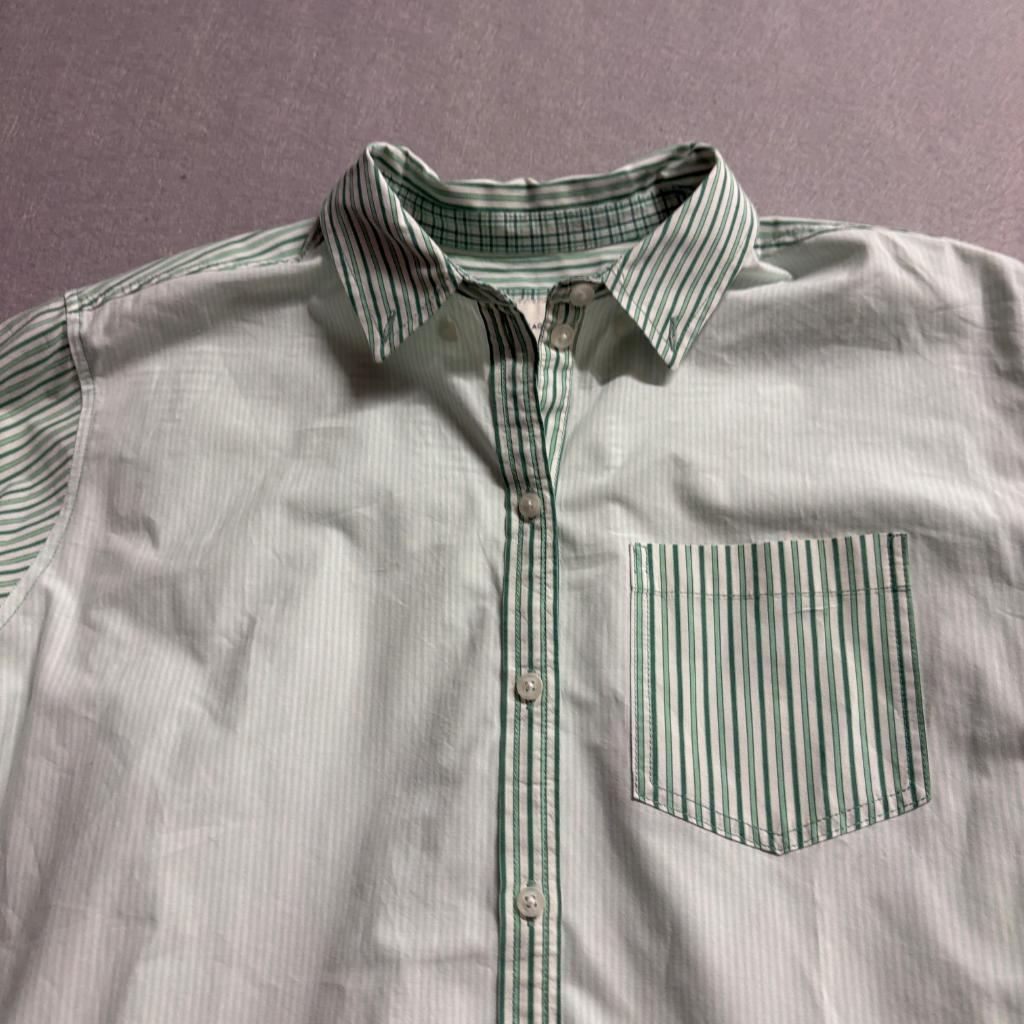 American Eagle Button Up Shirt Womens XS Green White Striped Cotton Long Sleeve