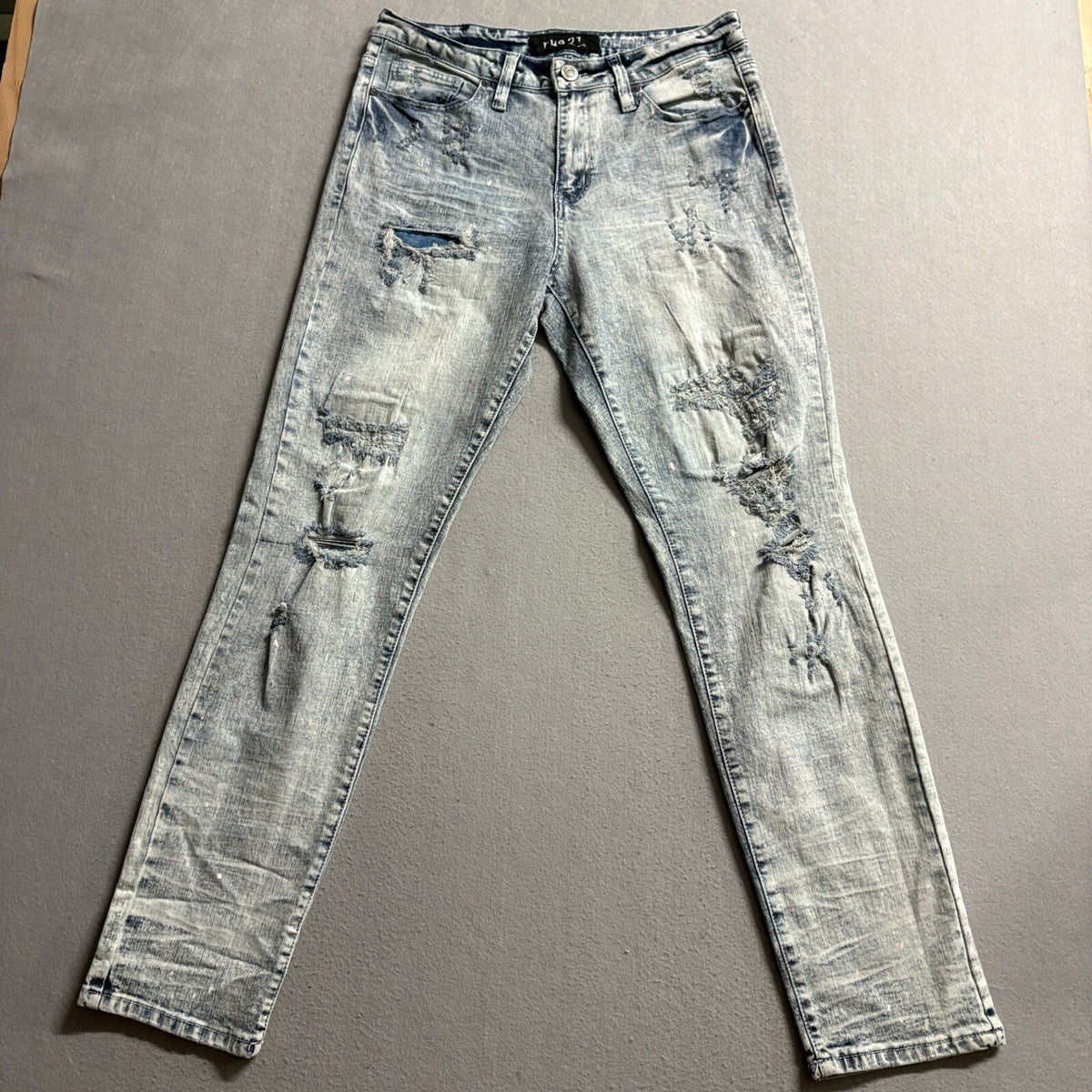 Rue21 Slim Taper Supreme Flex Jeans Mens 32x32 Distressed Acid Wash Blue Denim