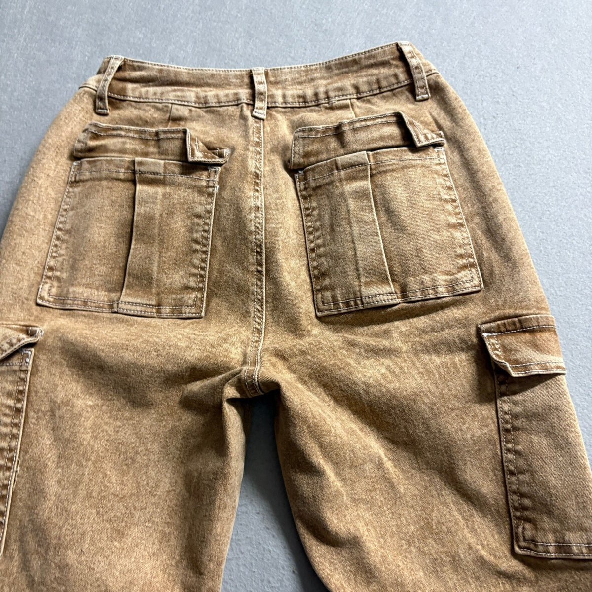 Flaming Als Womens Flare Cargo Jeans Sz Small Brown Mineral Wash Stretch Y2K
