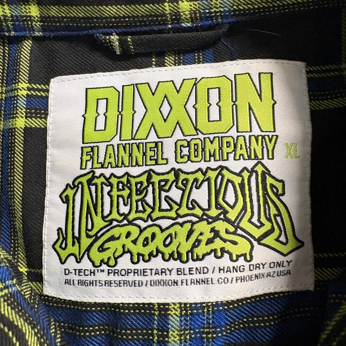 Dixxon Infectious Grooves Flannel Shirt Mens XL Black Yellow Blue Plaid Long