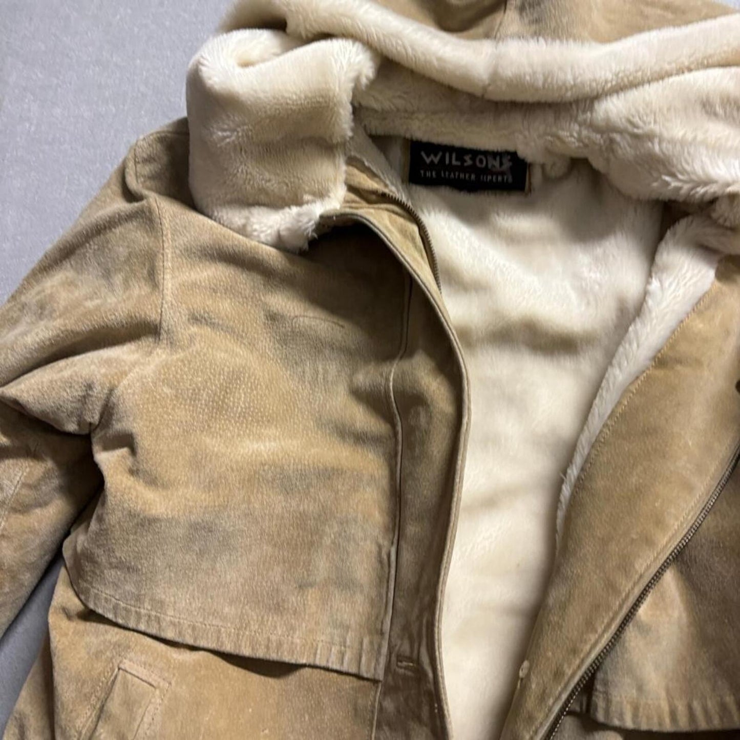 Wilsons Leather Suede Hooded Jacket Womens Medium Tan Faux Fur Lined Coat