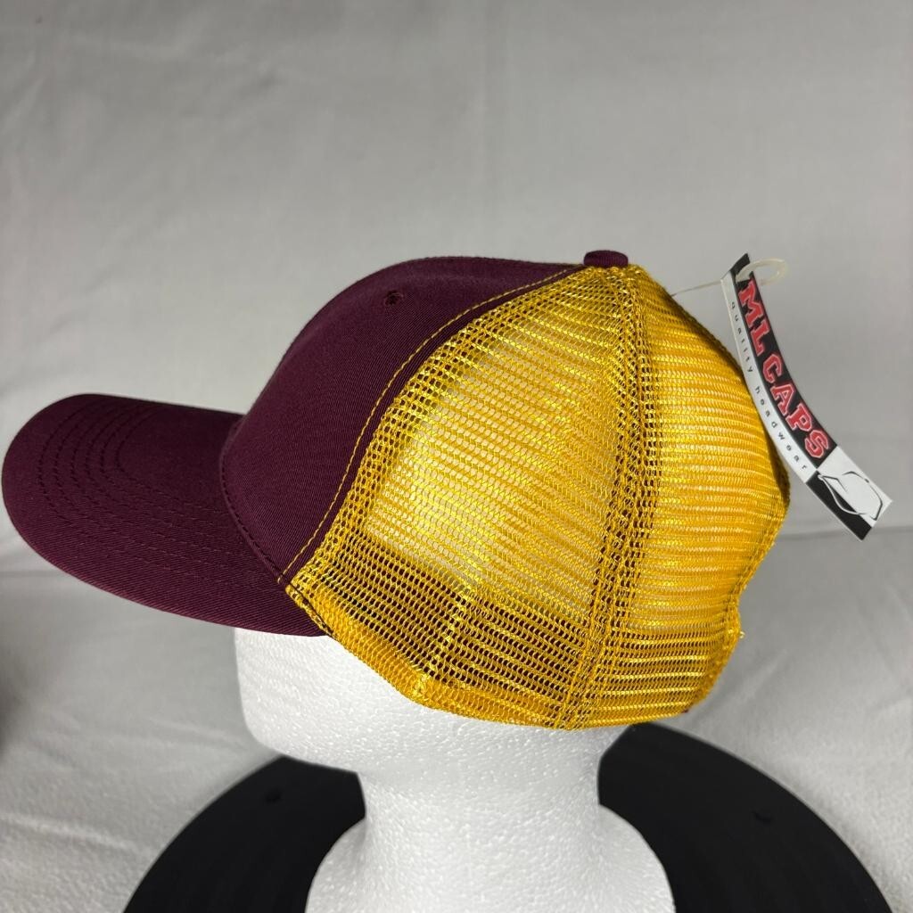 ML Caps The Duke Maroon Gold Mesh Back Trucker Hat Snapback Blank Cap New