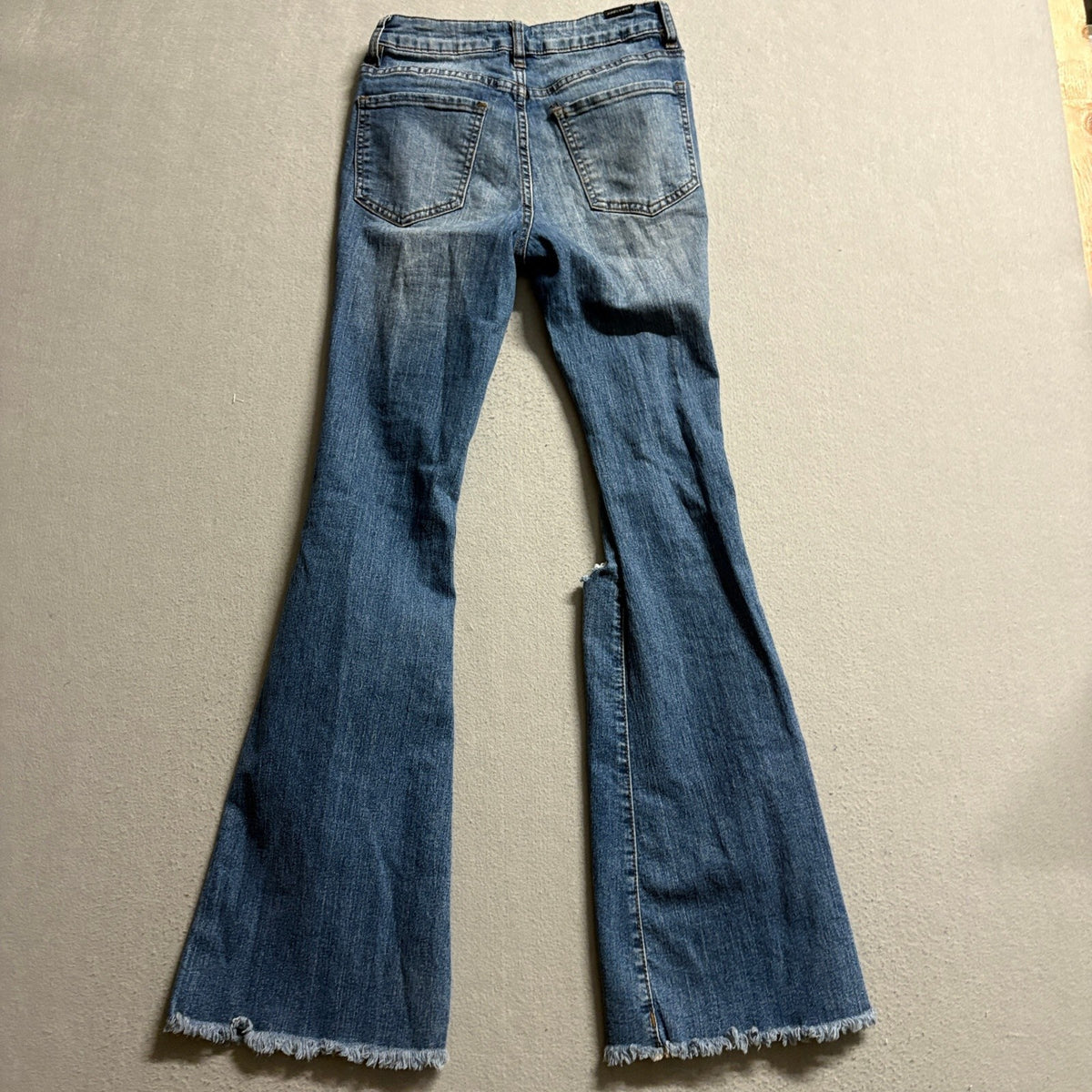 Almost Famous High Rise Flare Jeans Womens Size 3 Distressed Frayed Raw Hem Blue