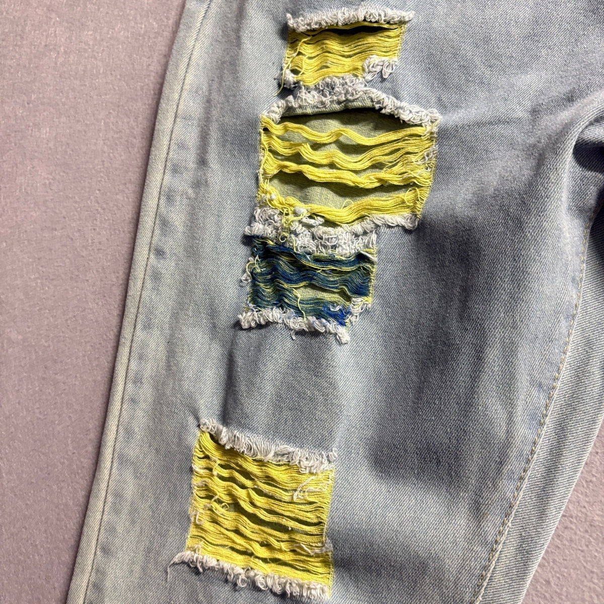 Unbranded Distressed Jeans Mens 3XL Light Wash Yellow Mesh Ripped Denim Pants