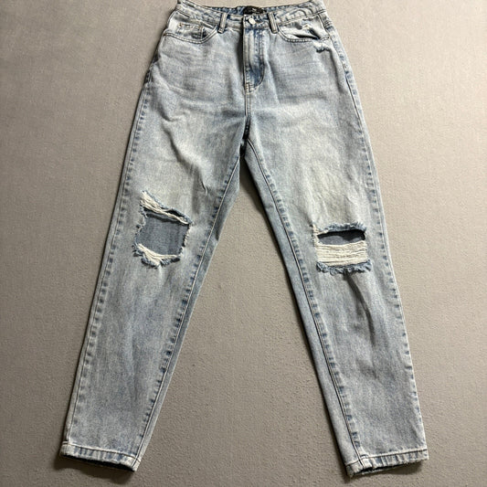 Missguided Riot High Rise Mom Jeans Womens US 2 Distressed Ripped Light Wash