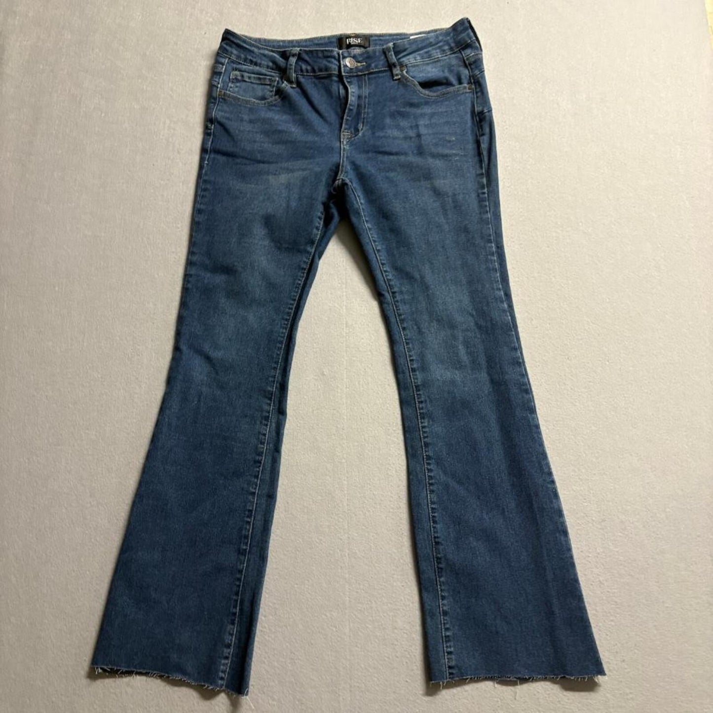 Rise Supply Co Flare Jeans Womens Size 11 Blue Denim Raw Hem Stretch Mid Rise