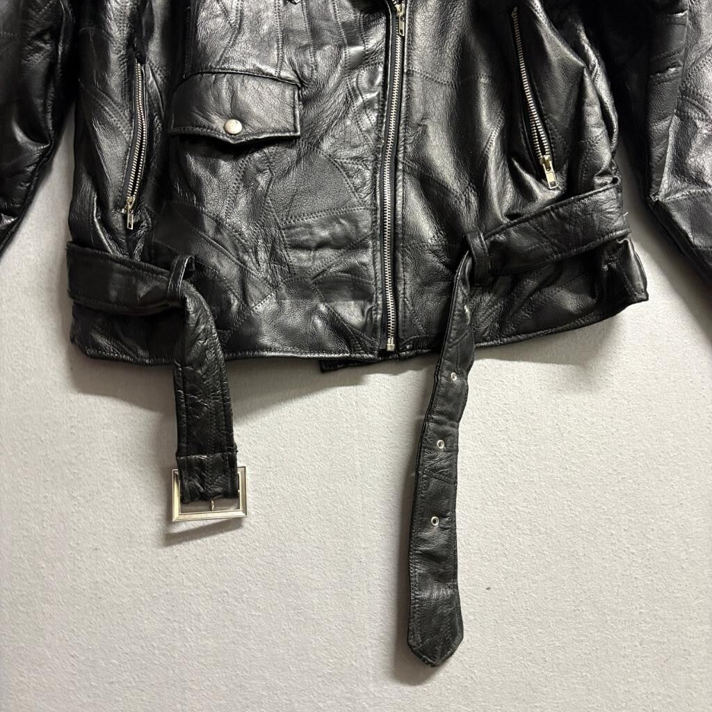 Vintage Patchwork Leather Motorcycle Jacket Mens XL Black Belted Biker Punk