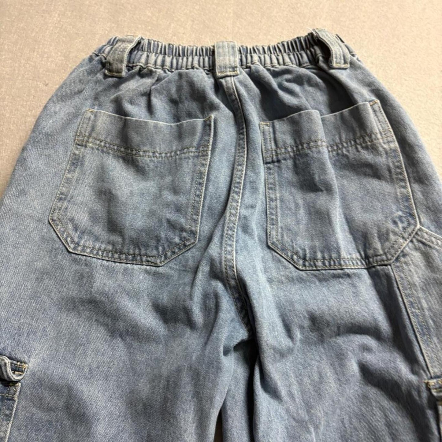 Simple Society Cargo Jeans Womens M Medium Blue Denim Elastic Waist Wide Leg