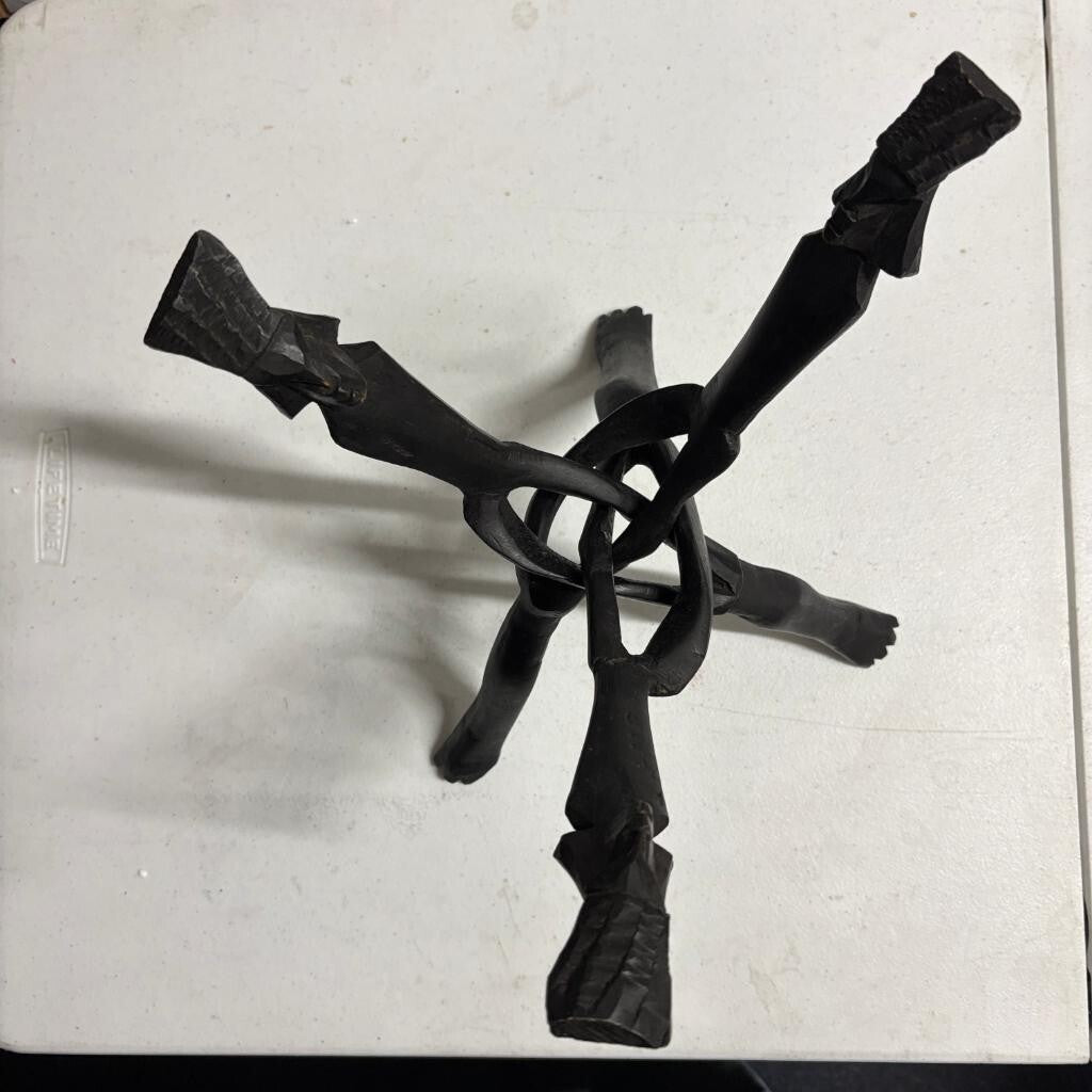 Vintage Hand Carved African Interlocking Wood Tripod Stand 3 Legged Folding 12in
