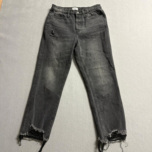 Simple Society Distressed Jeans Womens 5/27 Black High Rise Raw Frayed Hem Crop