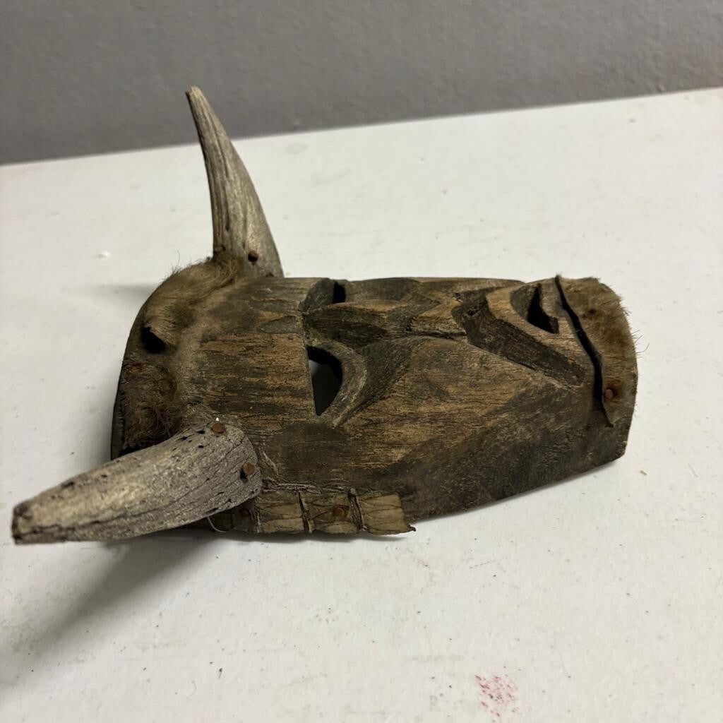 Vintage Hand Carved Wooden Horned Mask Folk Art Tribal Style Fur Accents 8 Inch