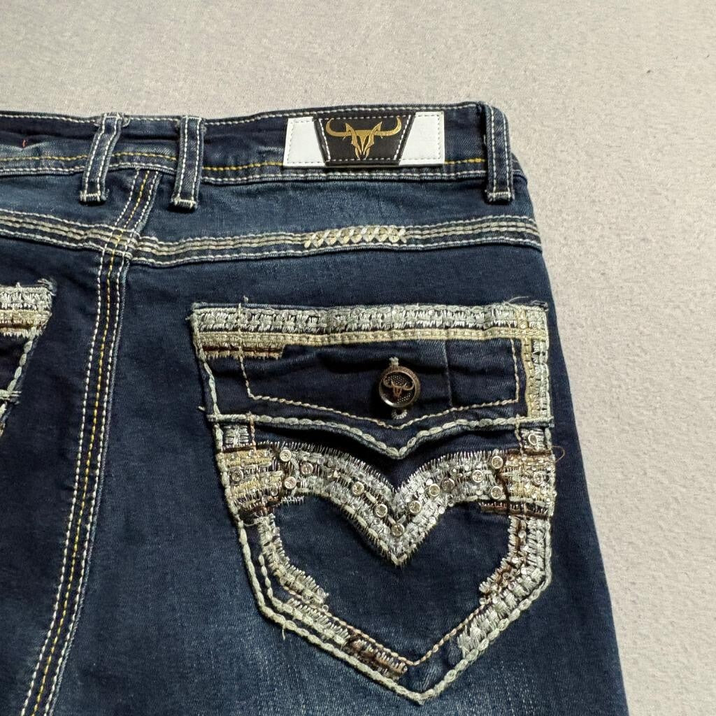 Platini Boot Cut Jeans Mens Size 11 Blue Distressed Thick Stitch Embroidered