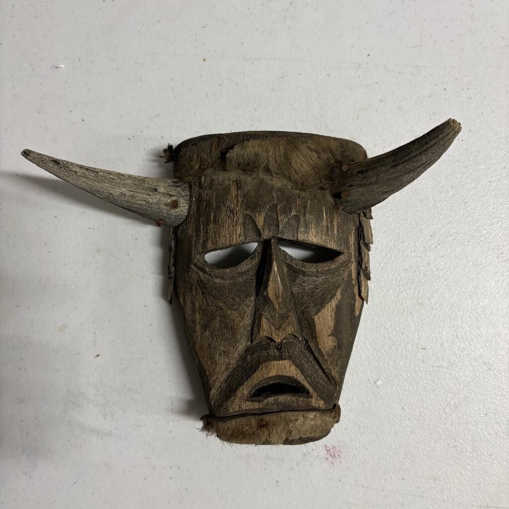 Vintage Hand Carved Wooden Horned Mask Folk Art Tribal Style Fur Accents 8 Inch