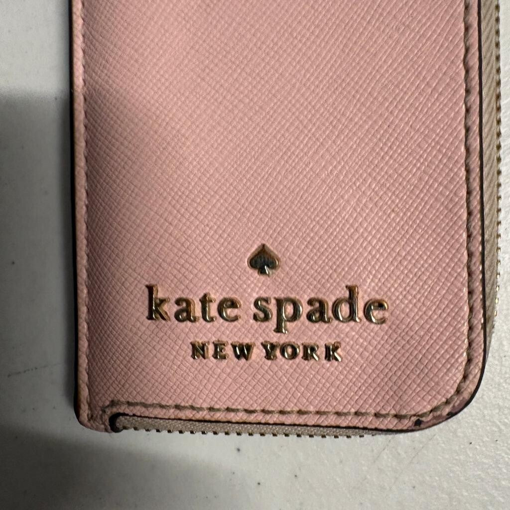 Kate Spade New York Pink Saffiano Leather ID Lanyard Card Holder Zip Wallet