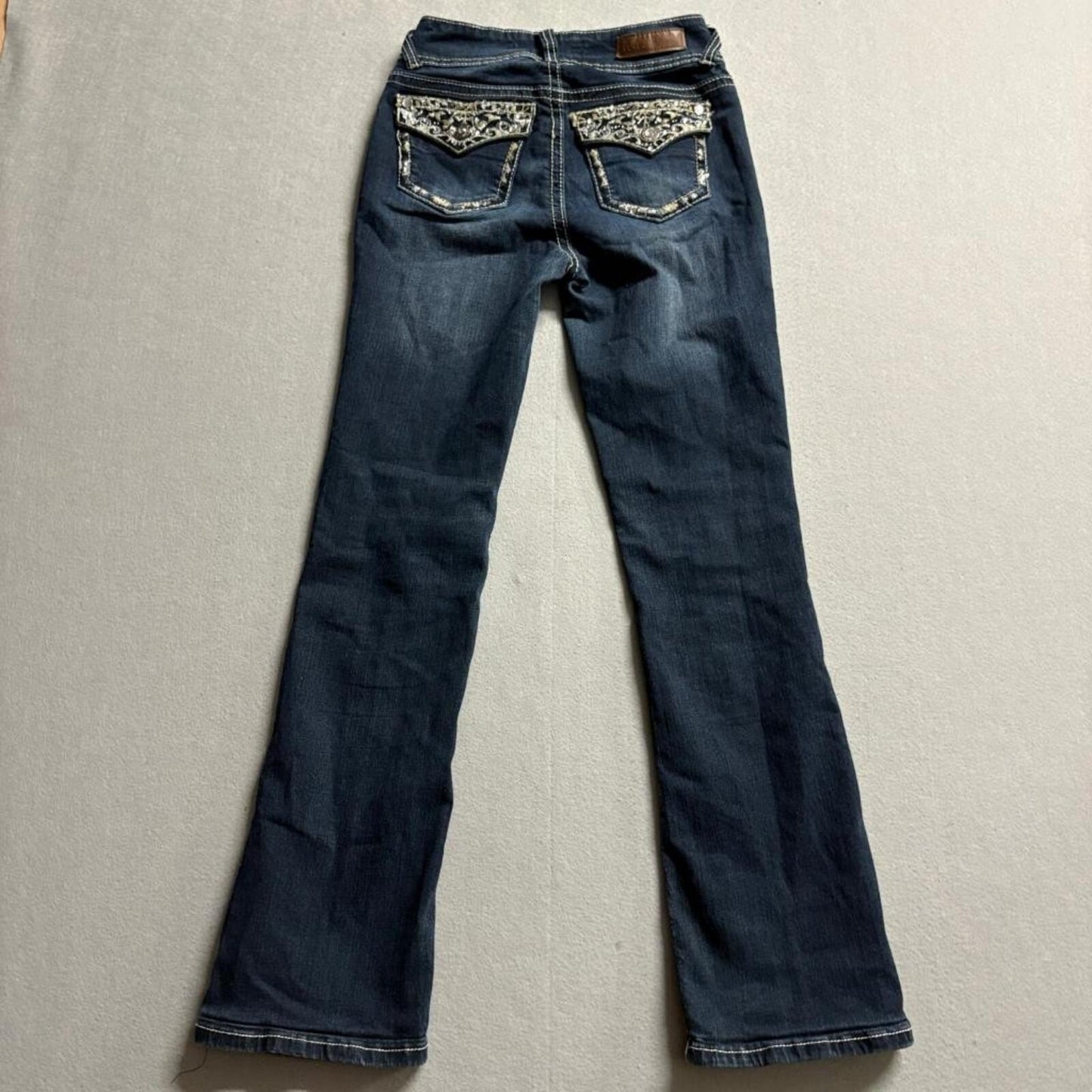 WallFlower Luscious Curvy Bootcut Jeans Womens Size 0 Blue Embellished Flap
