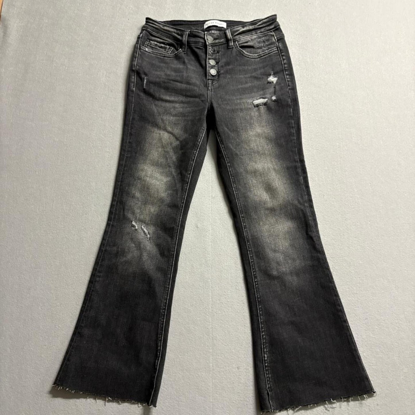 Flying Monkey Jeans Womens 26 Black Distressed Raw Hem Button Fly Flare F4322