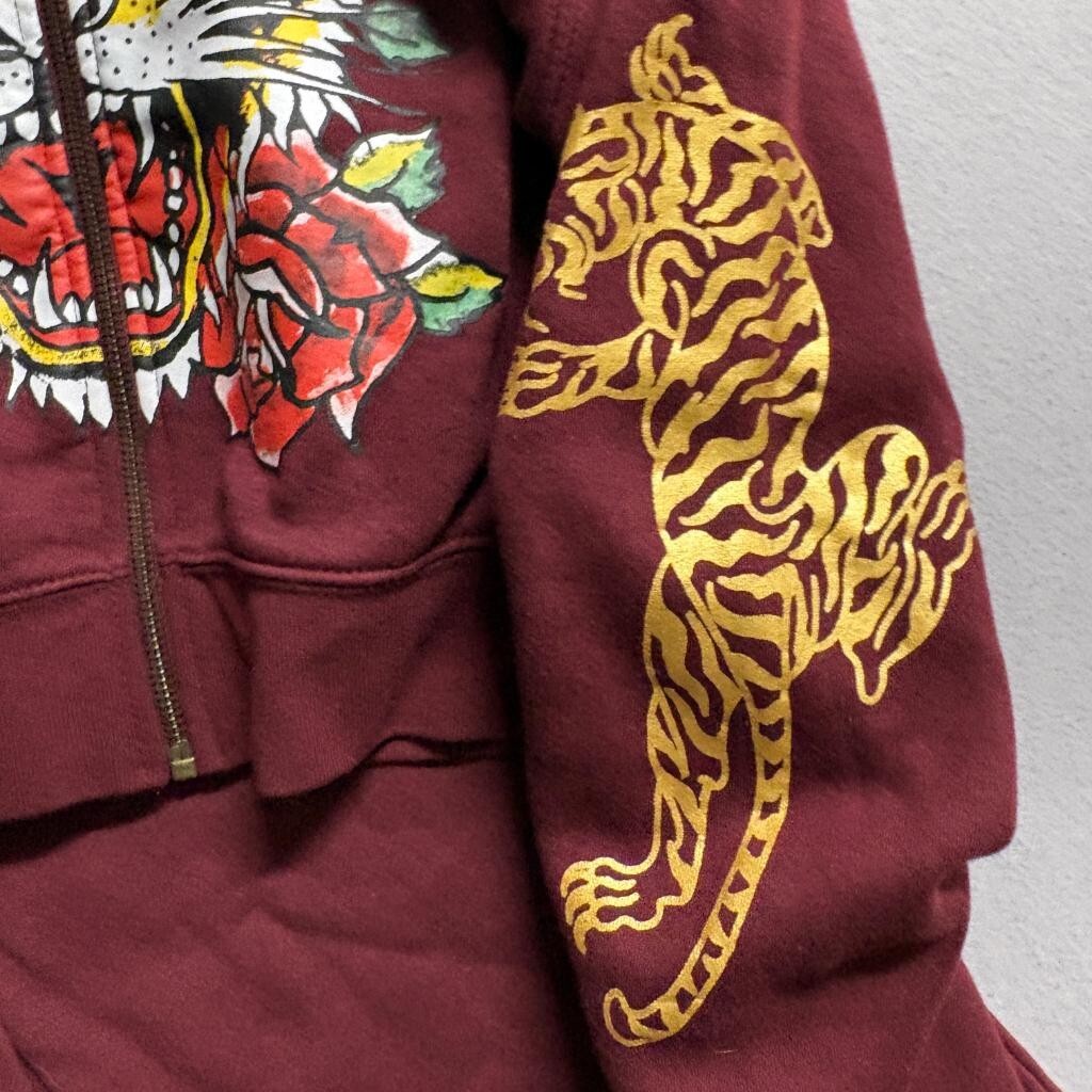 Ed Hardy Womens Tracksuit Set Small Maroon Tiger Graphic Crop Hoodie Sweatpants