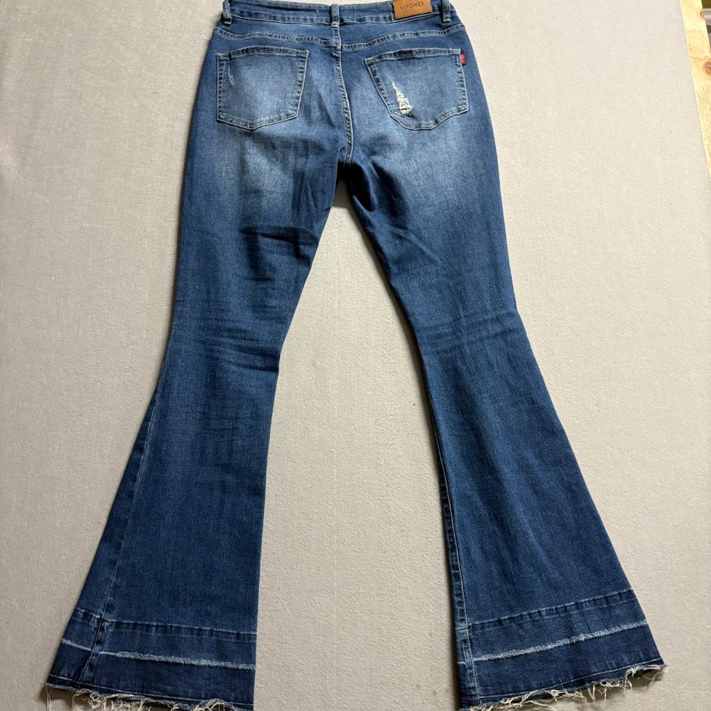 Vipones Distressed Flare Jeans Womens Size 6 Blue Denim Ripped Knee Frayed Hem