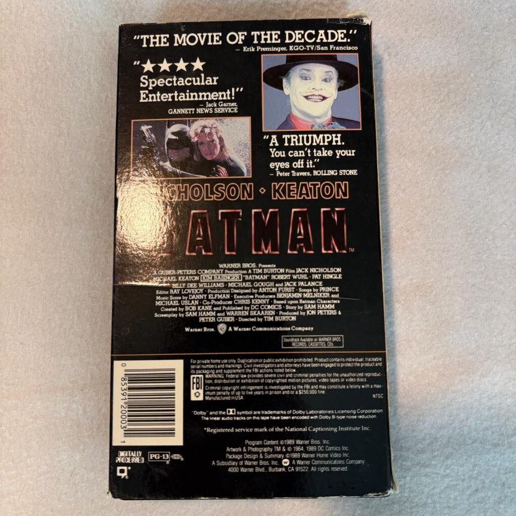 Batman VHS 1989 Movie Michael Keaton Jack Nicholson Warner Home Video