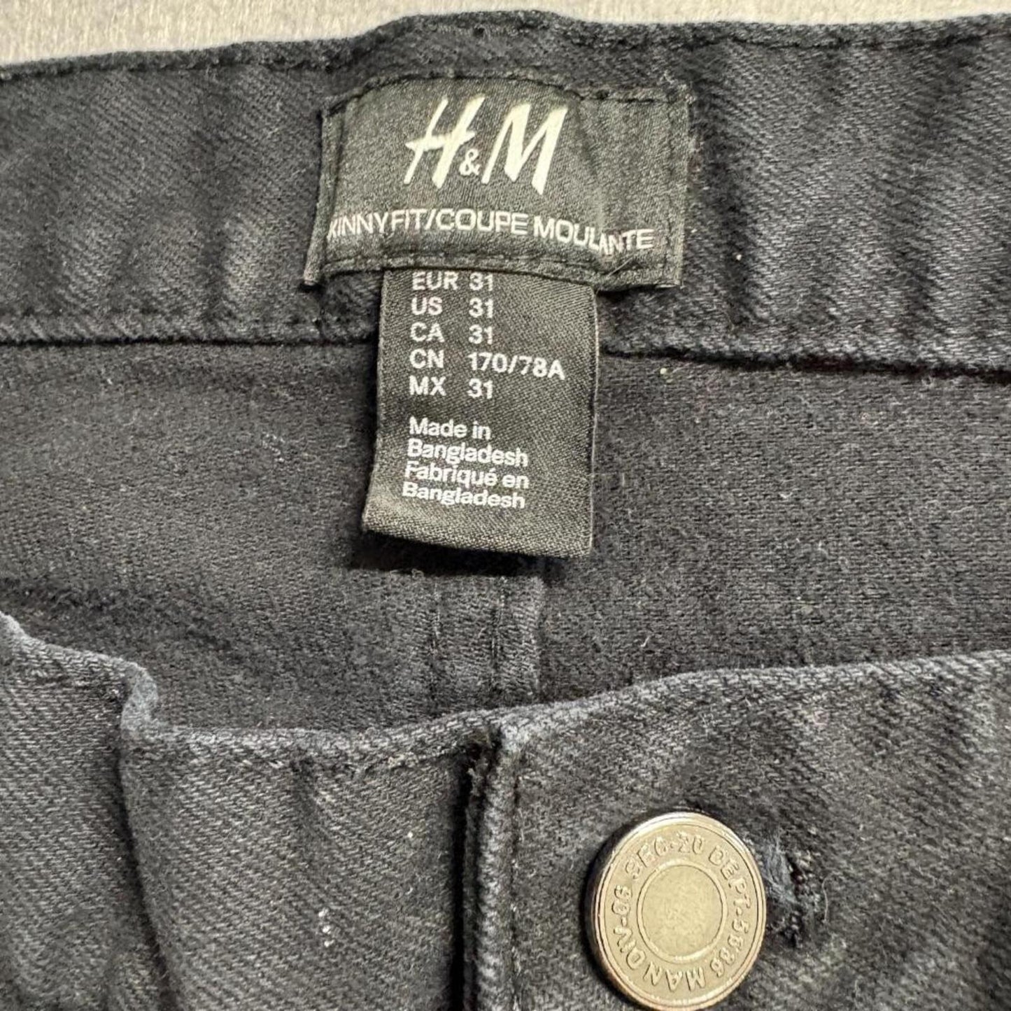 HM Mens Skinny Fit Jeans Size 31 Black Denim Stretch Pants 31x28