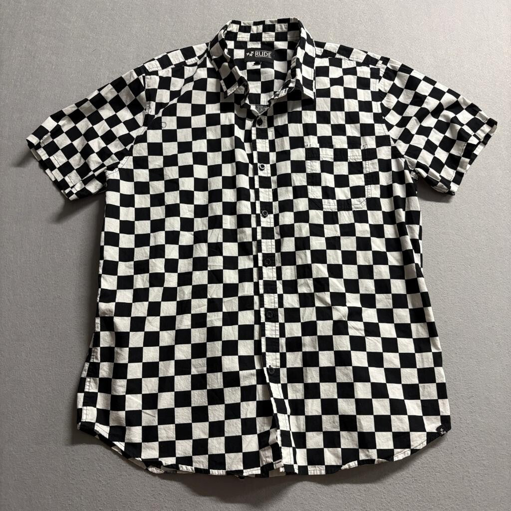 Rude Checkerboard Short Sleeve Button Up Shirt Mens XL Black White Ska Punk Emo