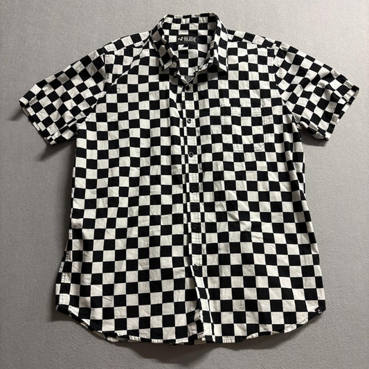 Rude Checkerboard Short Sleeve Button Up Shirt Mens XL Black White Ska Punk Emo