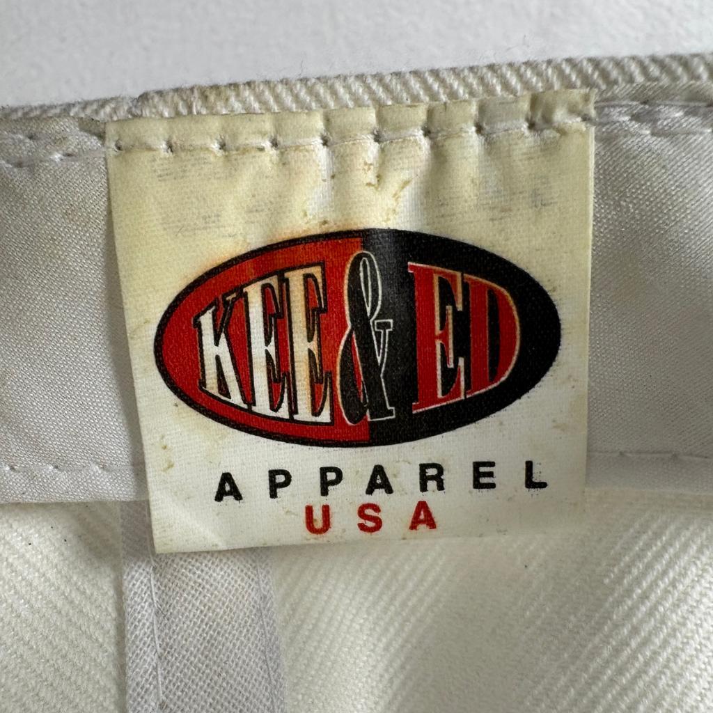 Vintage Nike Spellout Snapback Hat Kee & Ed Apparel USA Cream Blue Cap
