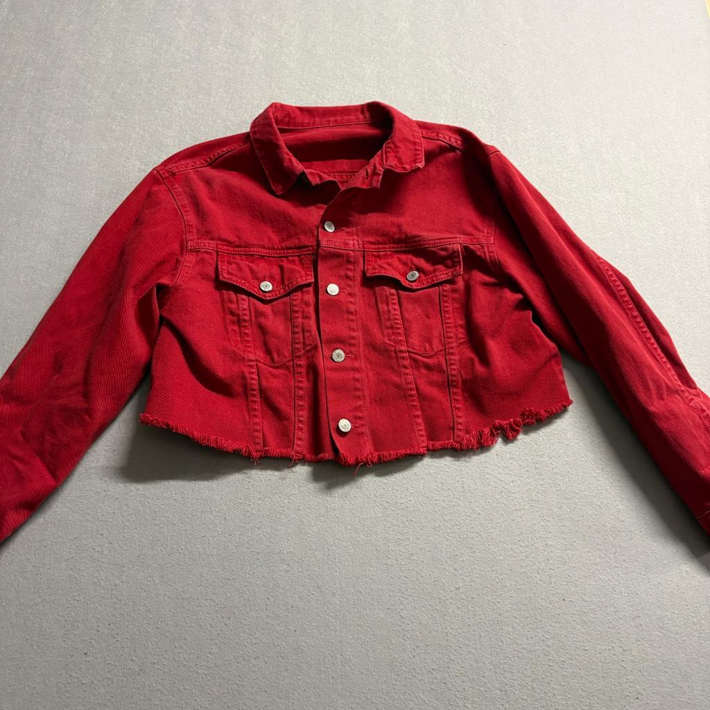 John Galt California Red Denim Jacket Womens Cropped Raw Hem Button Up