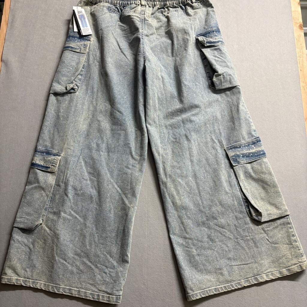 Madden NYC Jeans Womens XXL 20 Wide Leg Cargo Rhinestone High Rise Light Wash