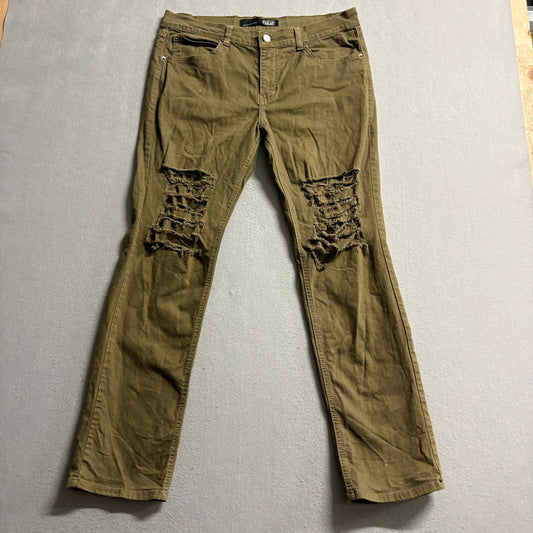 Rustic Dime Mens 34 Olive Green Distressed Taper Fit Jeans Made in USA Stretch