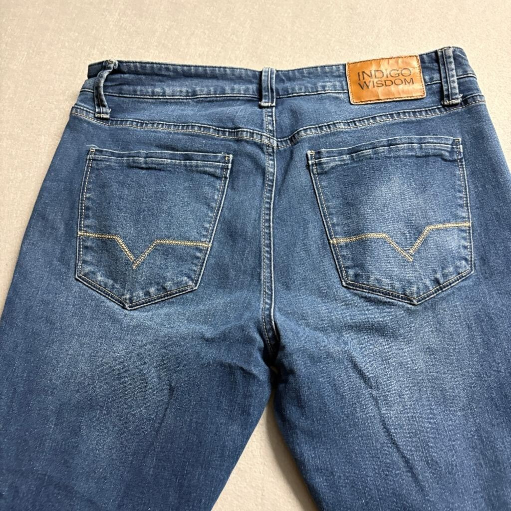 Indigo Wisdom Jeans Womens 34x30 Blue Denim Raw Hem Split Cuff Stretch Straight