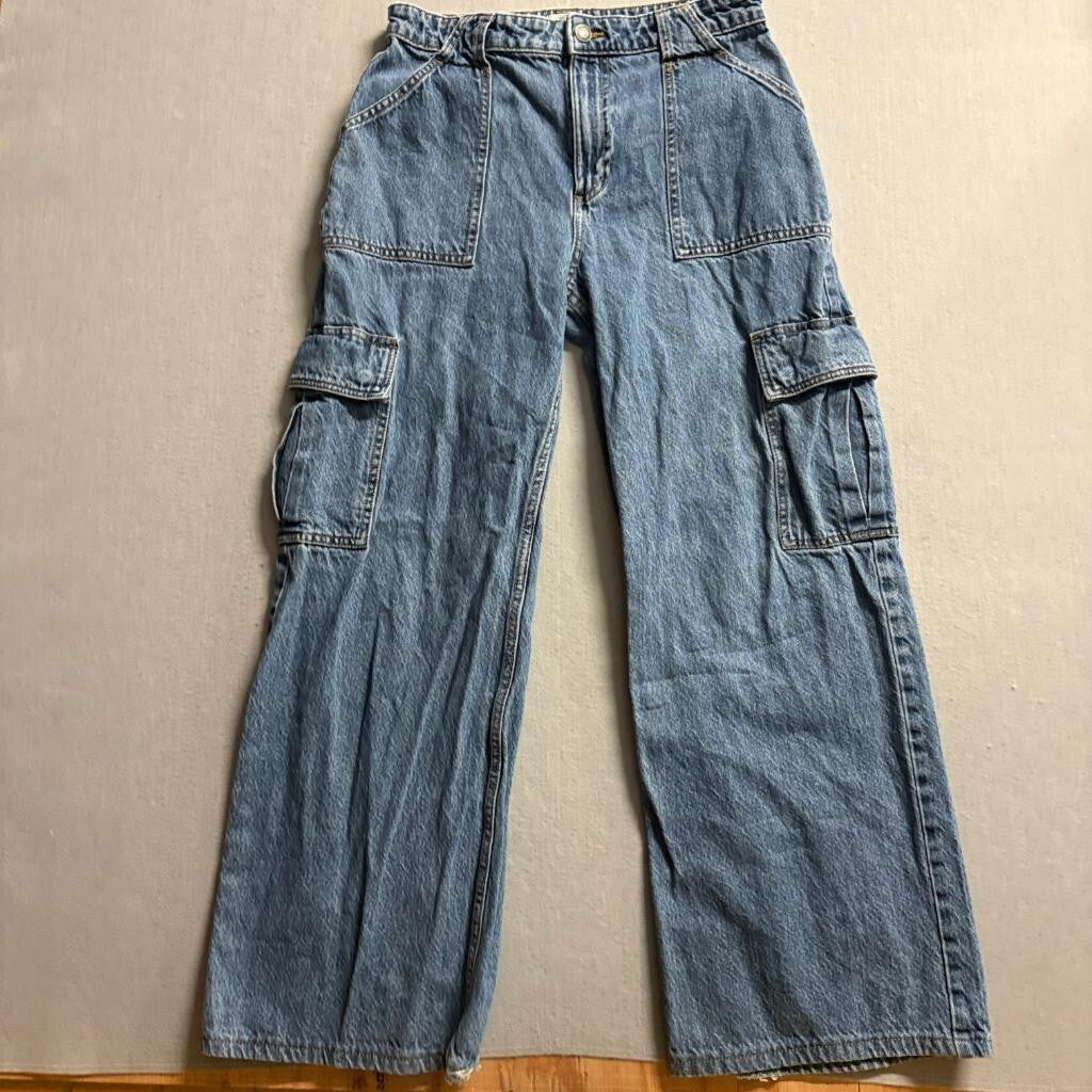 Cotton On Relaxed Cargo Jeans Womens Size 28 Blue Denim Wide Leg High Rise Flaw