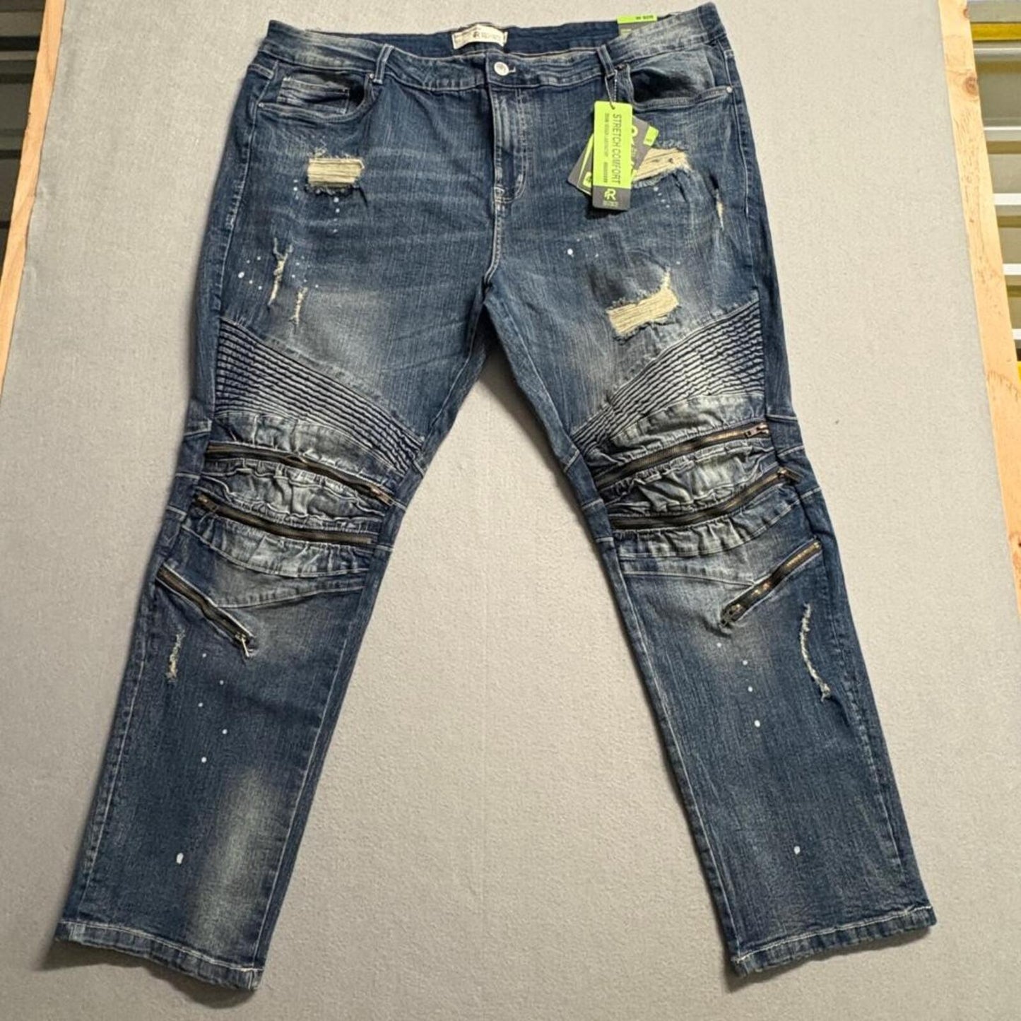 Refinery Republic Moto Jeans Mens 46 Blue Distressed Paint Splatter Biker Denim